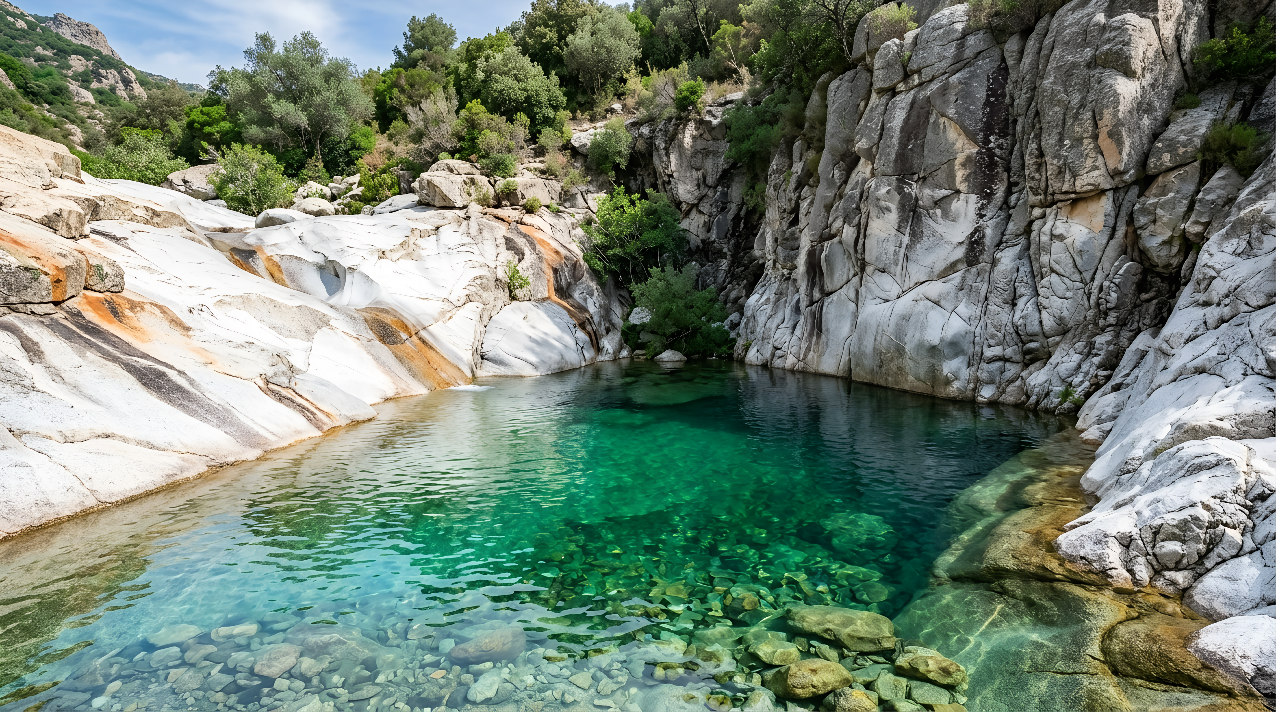 Piscine naturelle aux eaux émeraude dans le maquis corse — A Sulana