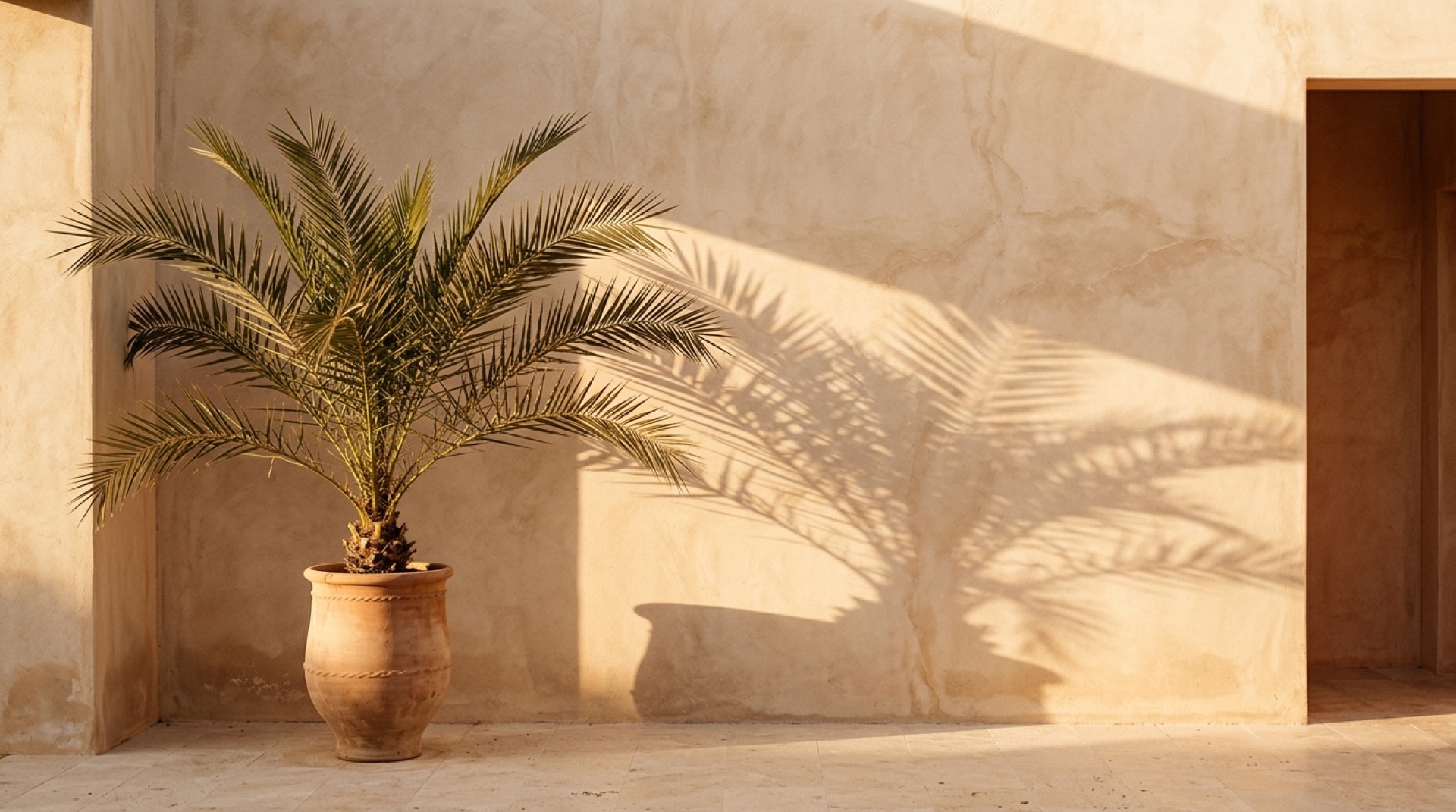 Palmier sur mur ocre baigné de soleil — A Sulana, conciergerie corse