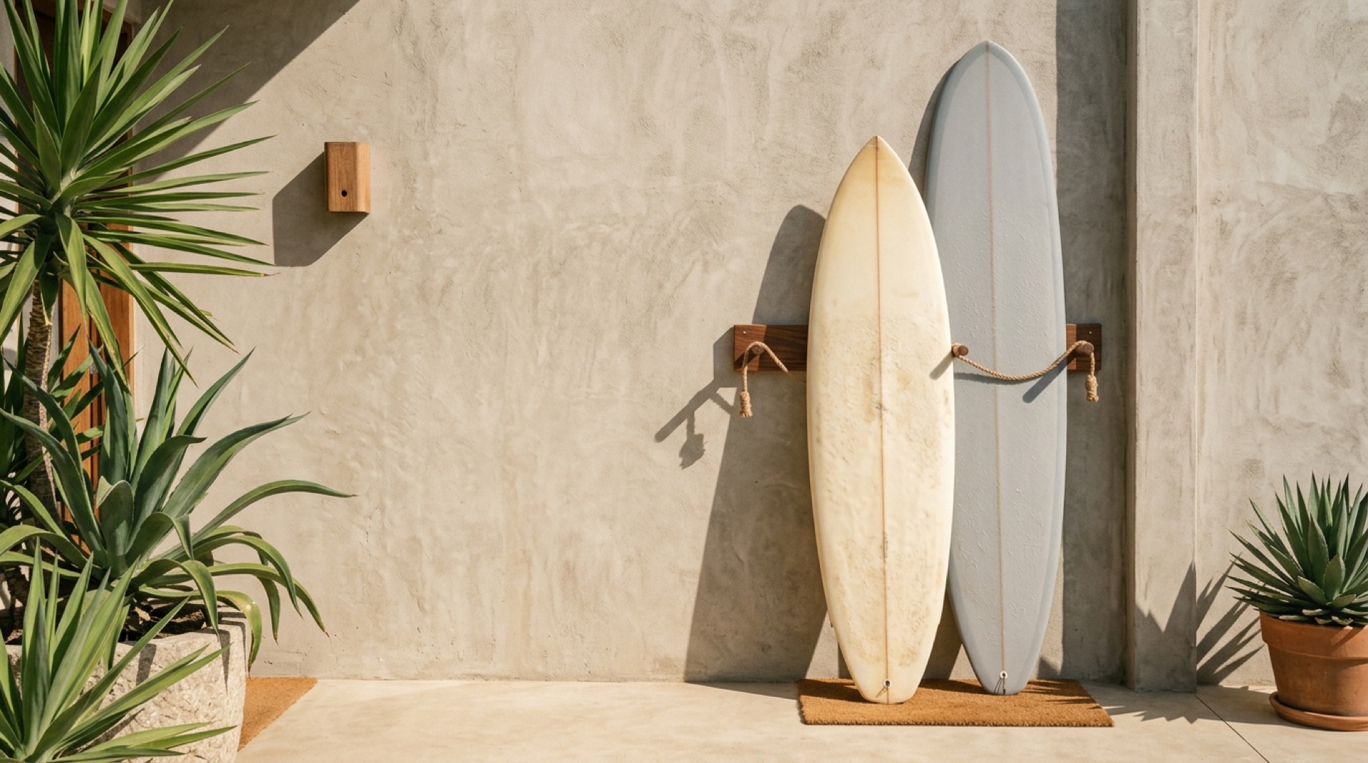 Planches de surf adossées à un mur méditerranéen — A Sulana, art de vivre corse